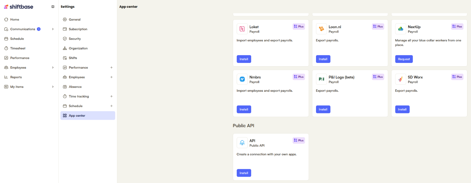 Shiftbase App center met de app API onder Public API