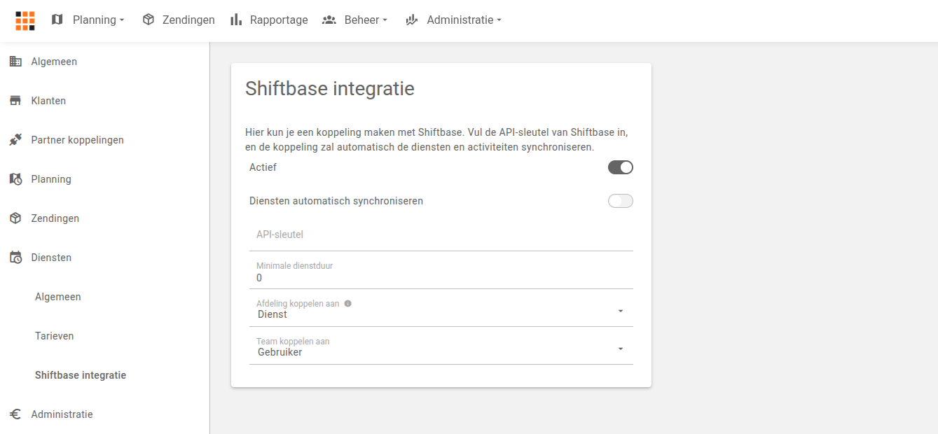 Shiftbase integratie in de instellingen van Veloyd