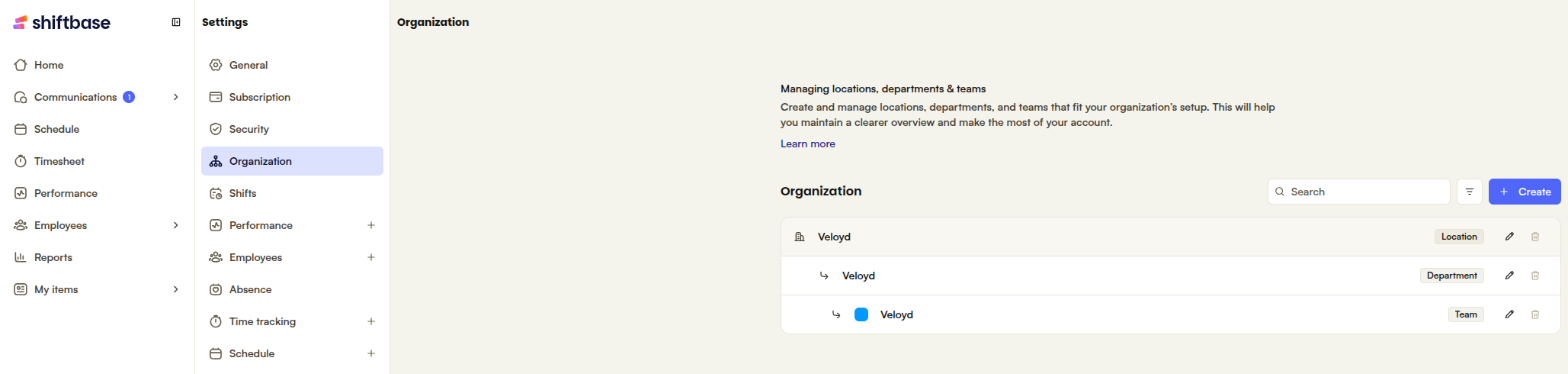 Afdelingen en teams in Shiftbase onder Organization