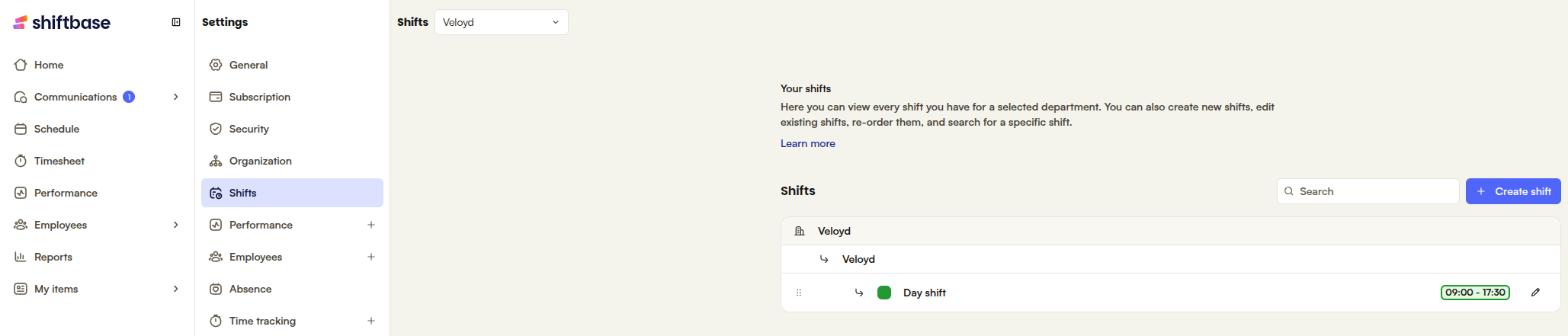 Diensten per afdeling in Shiftbase onder Shifts