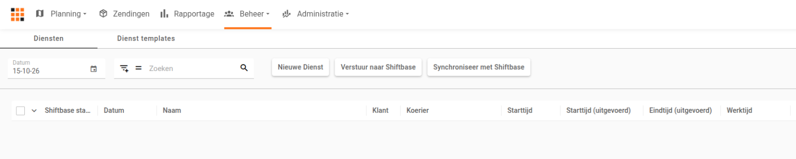 De knoppen Verstuur naar Shiftbase en Synchroniseer met Shiftbase en de kolom Shiftbase status op de pagina Diensten