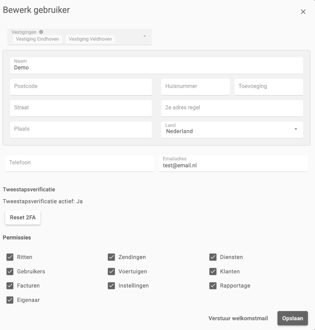 Het venster Bewerk gebruiker met het blok Tweestapsverificatie en de knop Reset 2FA