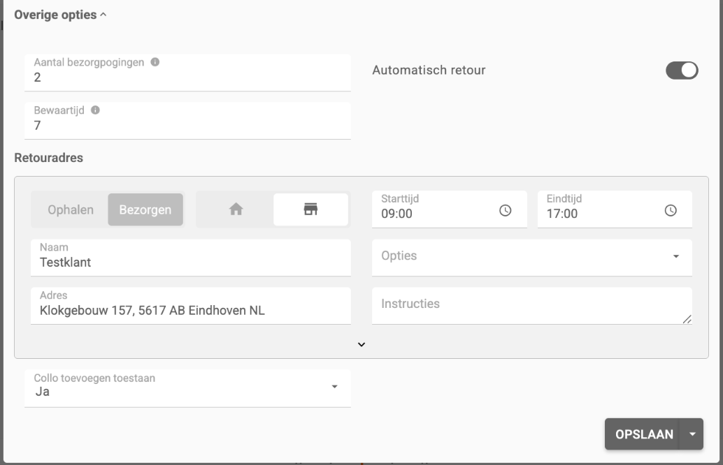 De overige opties met het aantal bezorgpogingen, Automatisch retour, de bewaartijd en het retouradres