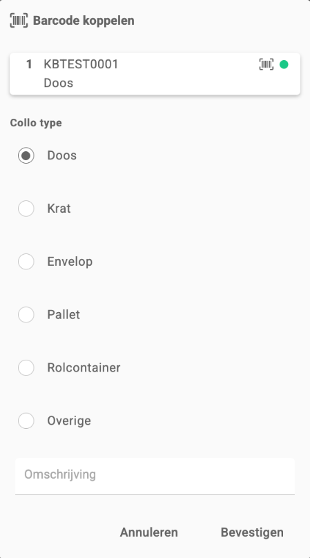 De popup Barcode koppelen met de gescande barcode bij de enige collo van het adres