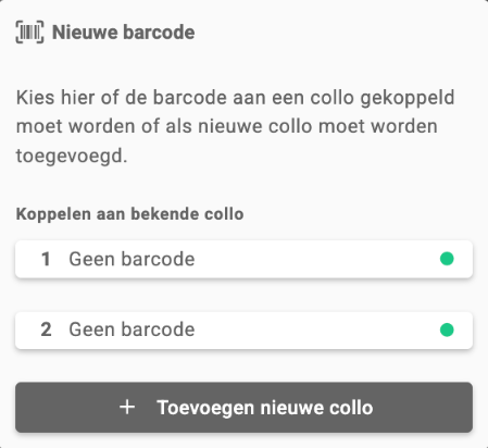 De popup Nieuwe barcode met de colli zonder barcode en de knop Toevoegen nieuwe collo