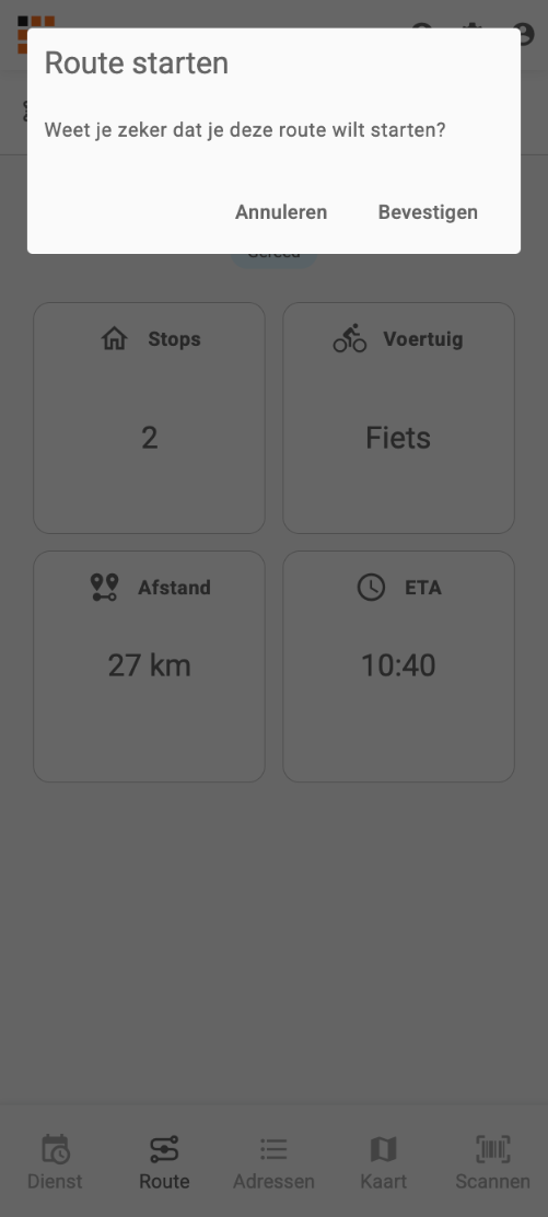 Bevestigingsvenster om de route te starten
