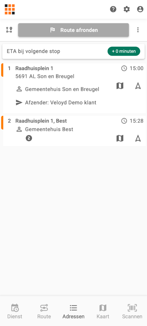 Gestarte route met de knop Route afronden