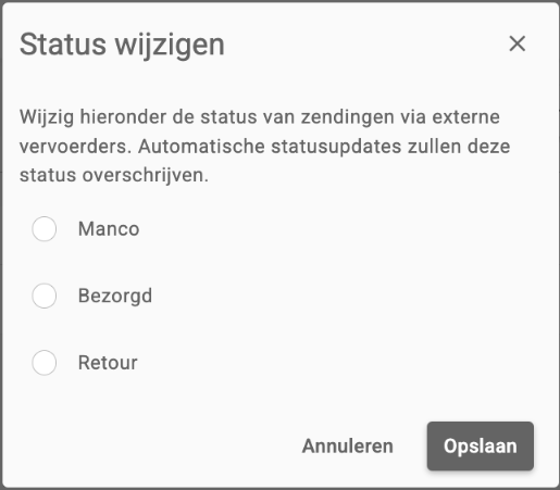 Het venster om de status van een zending handmatig te wijzigen